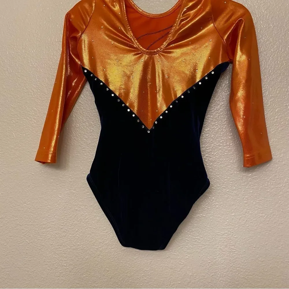 Alpha Factor Gymnastics Competition Leotard 3/4 rhinestone orange blue velvet CL